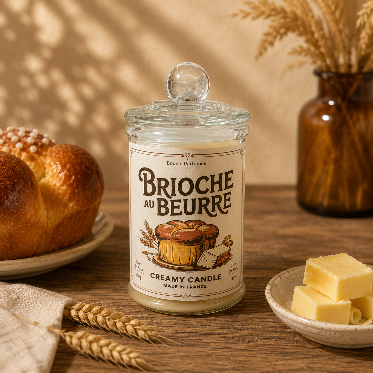 Bougie parfumée Brioche au Beurre en cire de soja avec brioche dorée