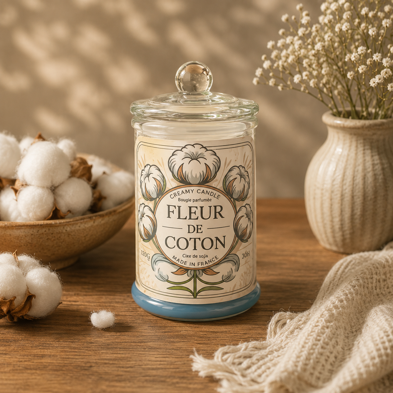 Bougie parfumée Fleur de Coton en cire de soja dans une ambiance cocooning