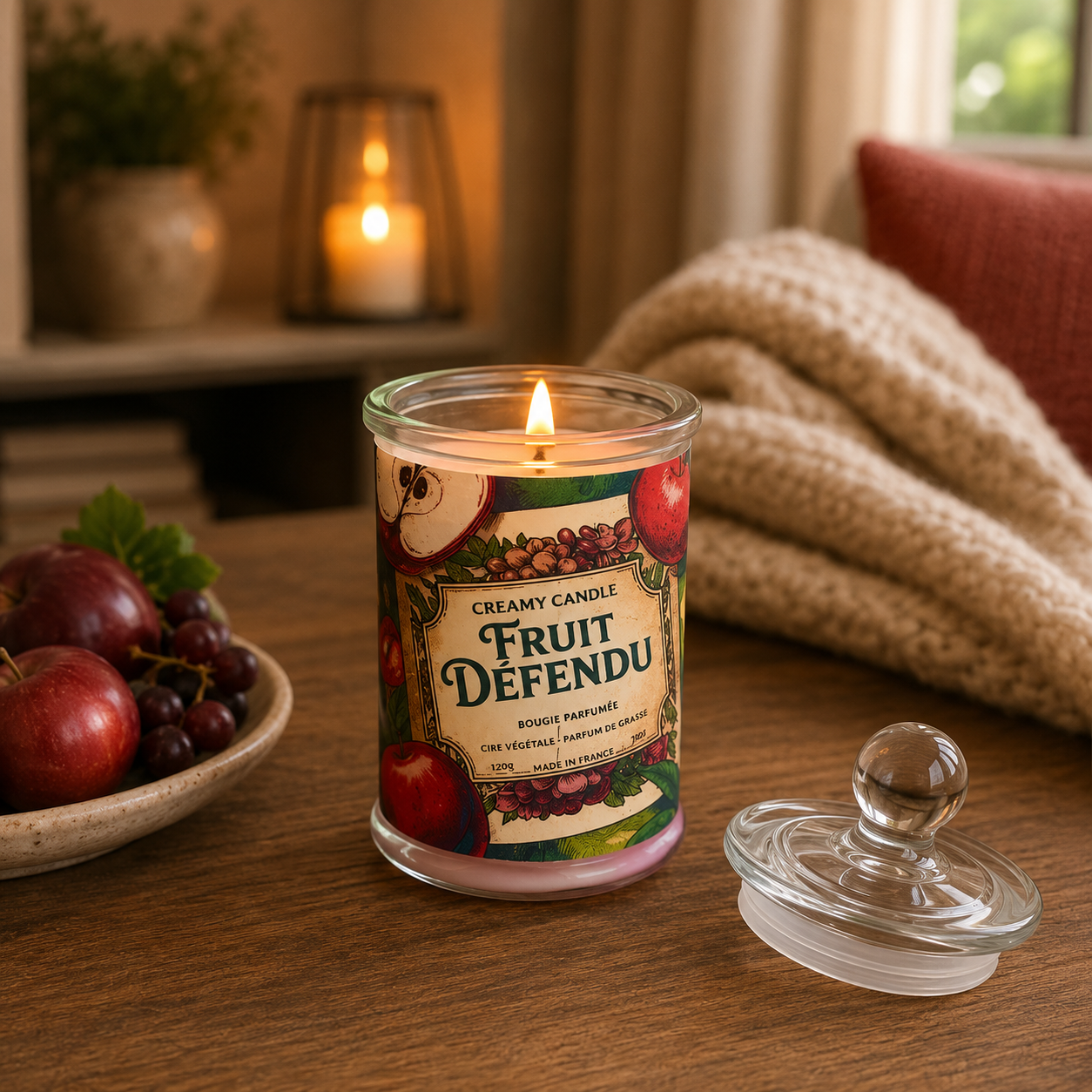 Bougie parfumée Fruit Défendu allumée dans une décoration chic et chaleureuse