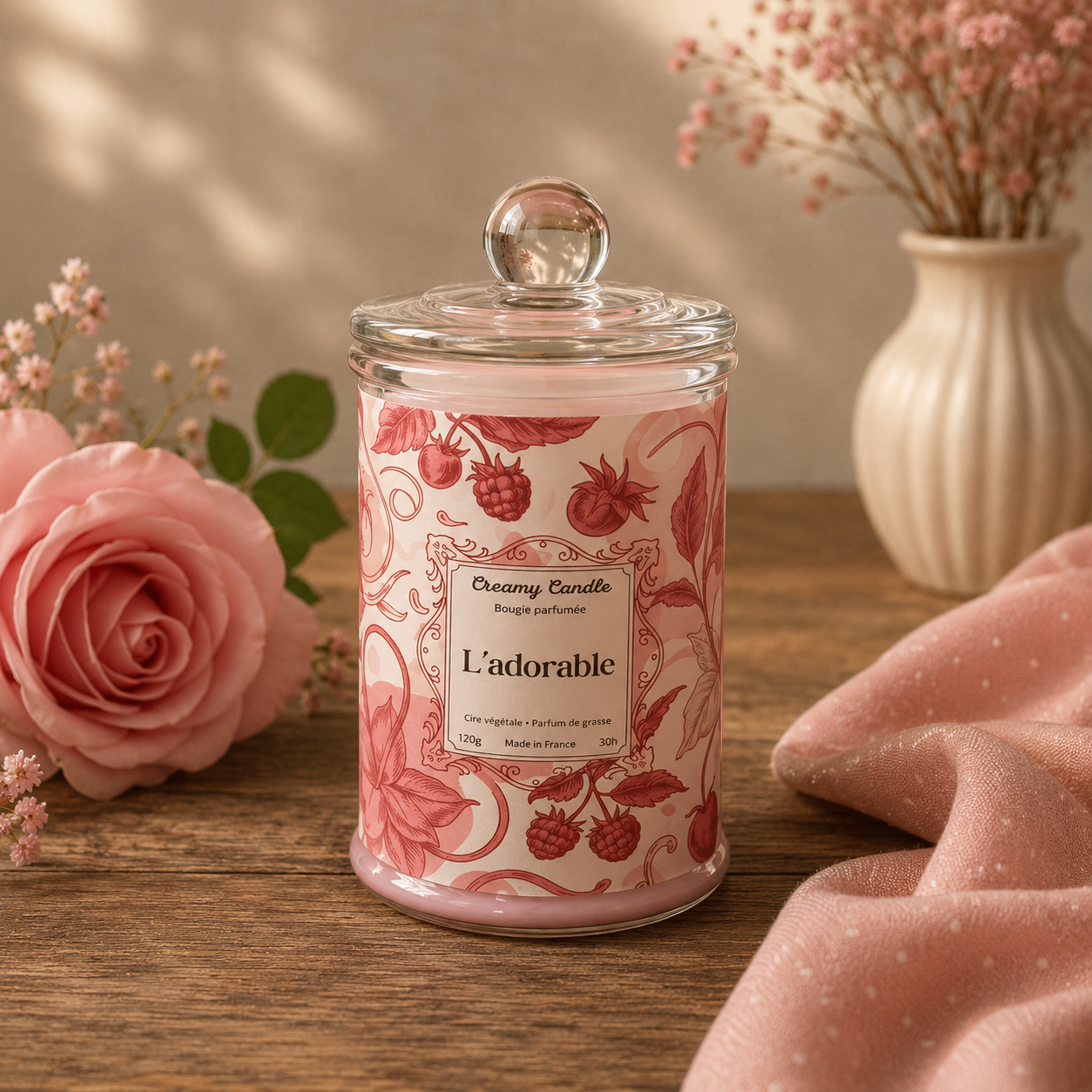 Bougie parfumée L'Adorable en cire de soja dans une ambiance élégante et florale