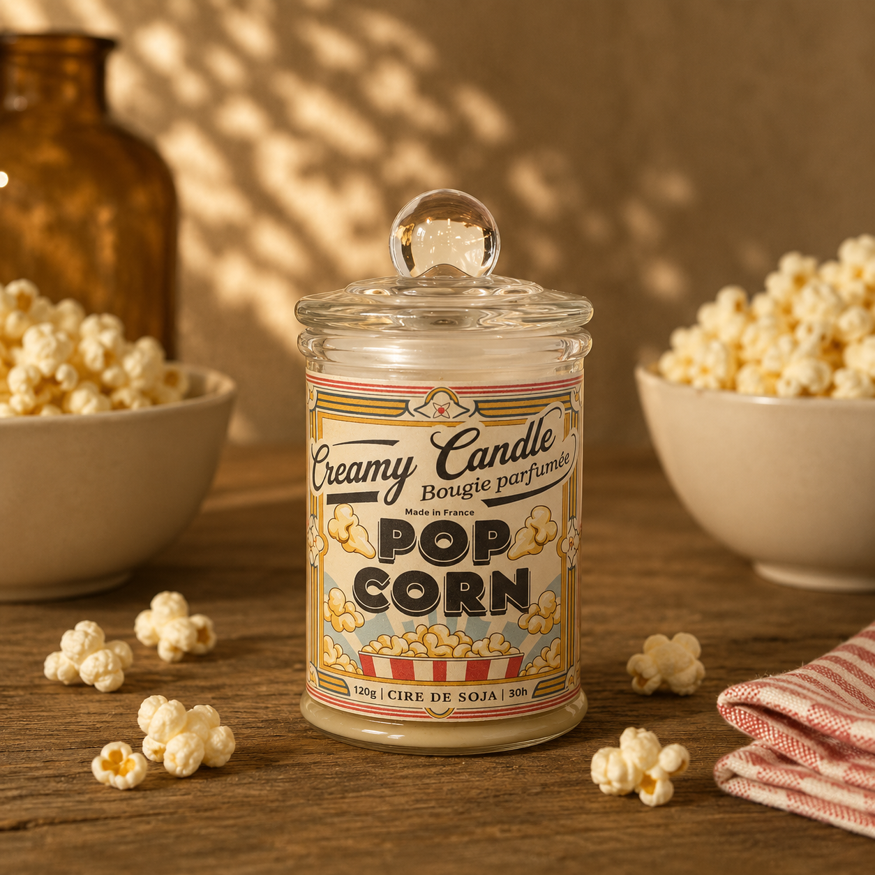 Bougie parfumée Pop-Corn en cire de soja avec pop-corn gourmand