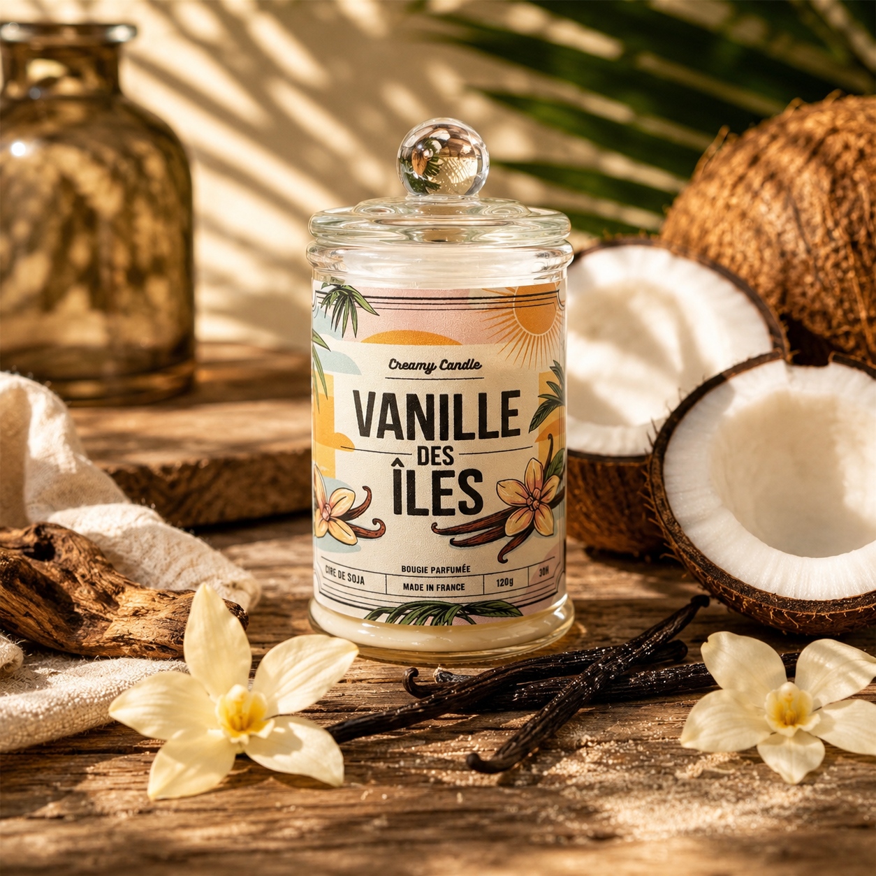 Bougie parfumée Vanille des Îles en cire de soja avec vanille, caramel et jasmin