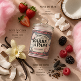 Bougie parfumée Barbe à Papa avec ses notes olfactives de fraise, vanille, noix de coco, framboise et fève tonka