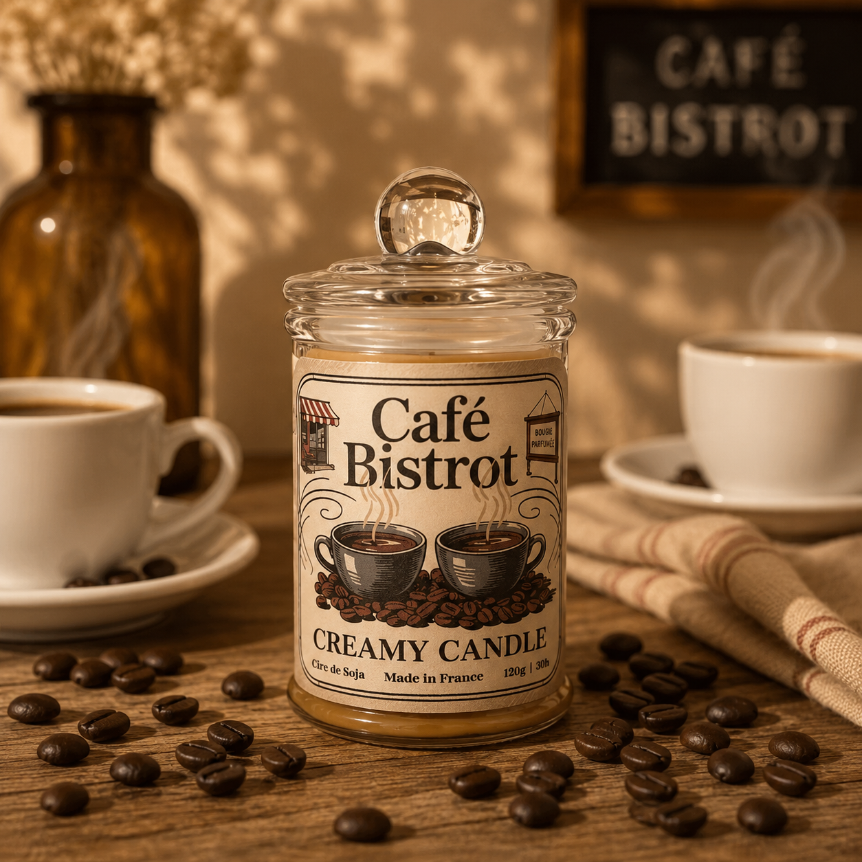 Bougie parfumée Café Bistrot en cire de soja avec grains de café et tasse de café