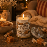 Bougie parfumée Caramel à 1 Franc allumée dans une ambiance chaleureuse
