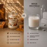 Comparatif entre une bougie parfumée artisanale Caramel à 1 Franc en cire de soja et une bougie industrielle