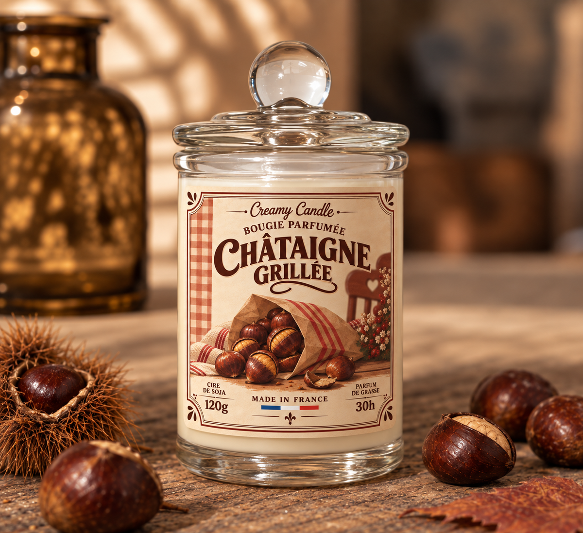 Bougie parfumée artisanale Châtaigne Grillée - Cire de soja - Parfum de Grasse
