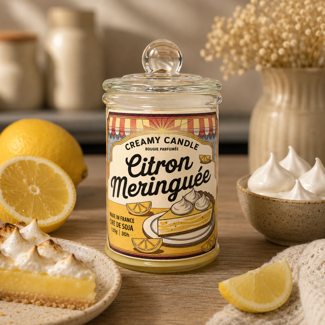 Bougie parfumée Citron Meringuée en cire de soja avec tarte au citron meringuée