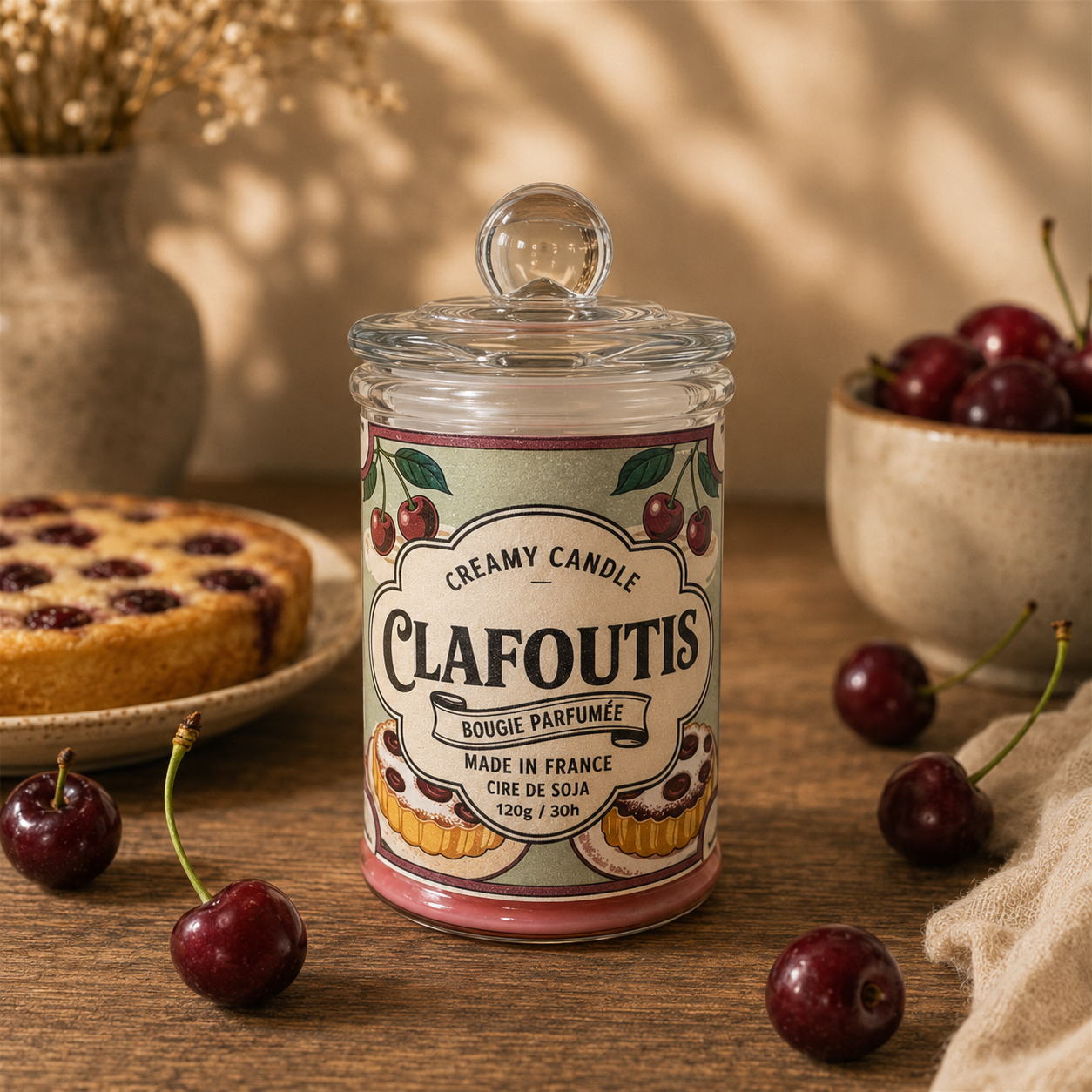 Bougie parfumée Clafoutis en cire de soja avec clafoutis aux cerises