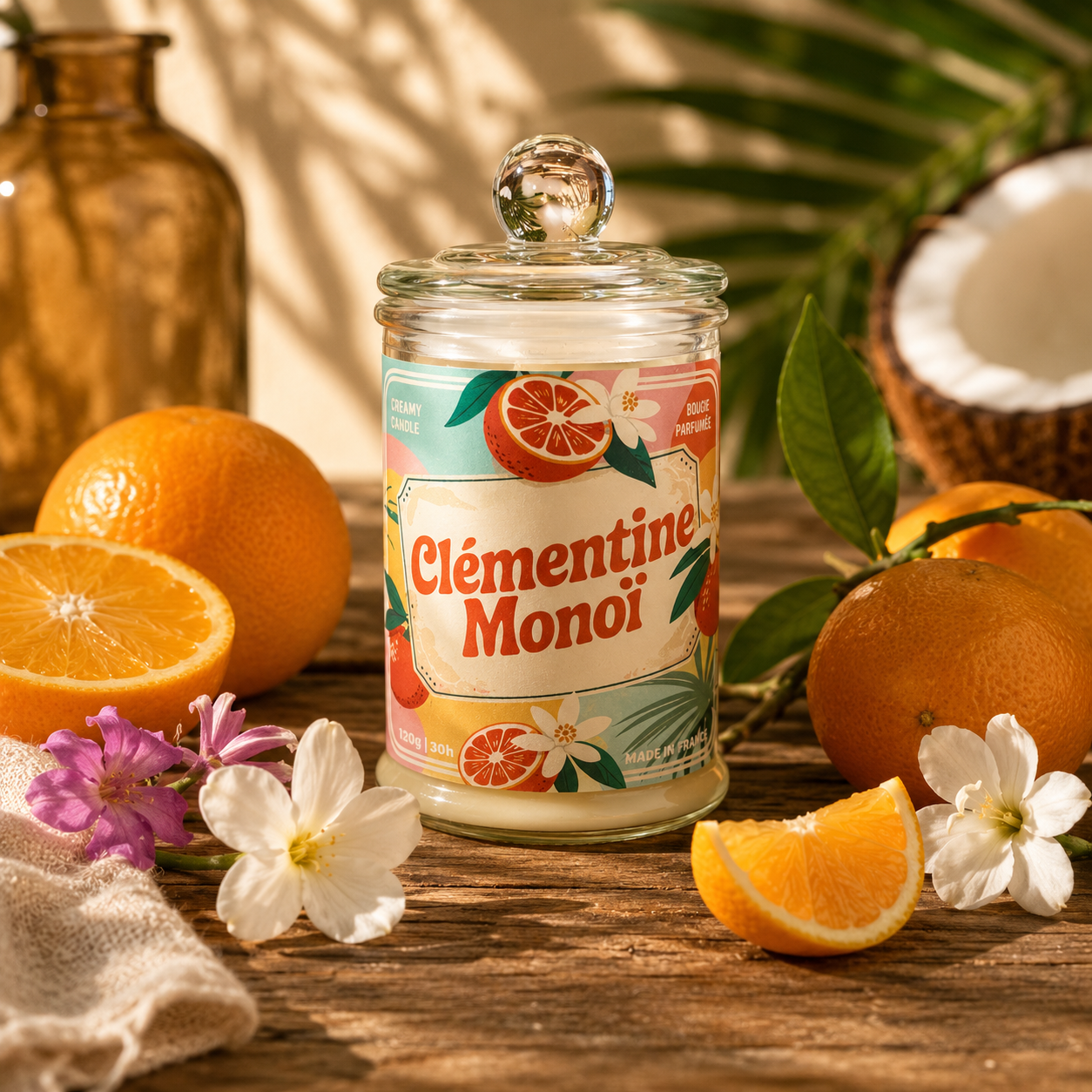 Bougie parfumée Clémentine Monoï en cire de soja avec clémentine et fleurs de monoï