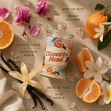 Bougie parfumée Clémentine Monoï avec ses notes olfactives d'orange, clémentine, monoï, vanille et musc