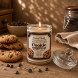 Bougie parfumée Cookie Chocolat allumée dans une ambiance chaleureuse