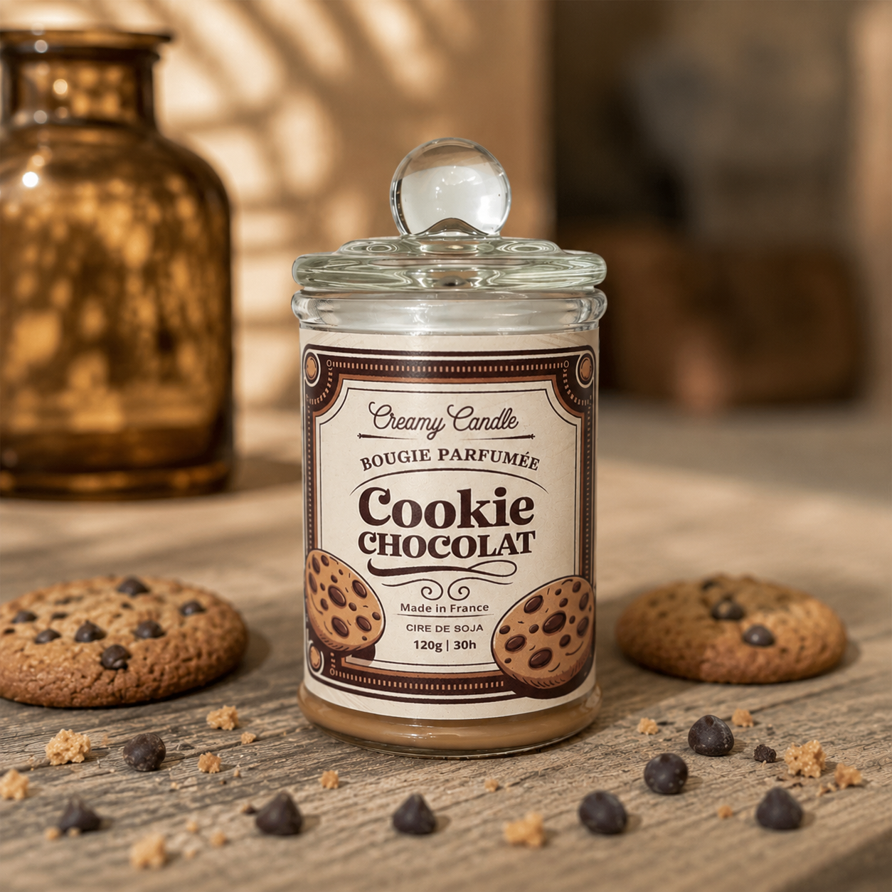 Bougie parfumée Cookie Chocolat en cire de soja avec cookies et chocolat au lait