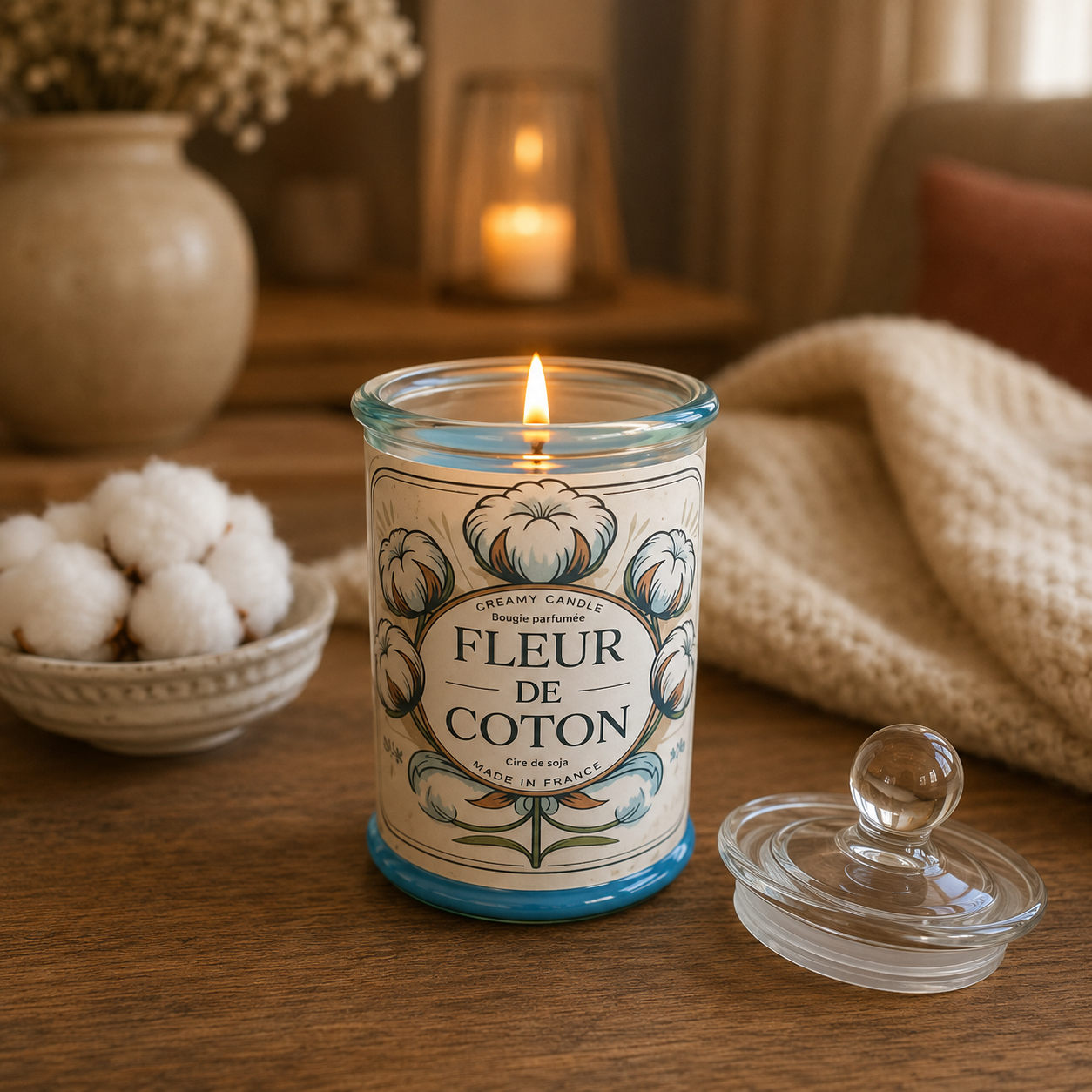 Bougie parfumée Fleur de Coton allumée dans une ambiance douce et apaisante