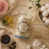 Bougie parfumée Fleur de Coton avec ses notes olfactives de rose, jasmin, musc et fève tonka