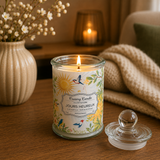 Bougie parfumée Jours Heureux allumée dans une décoration raffinée et chaleureuse