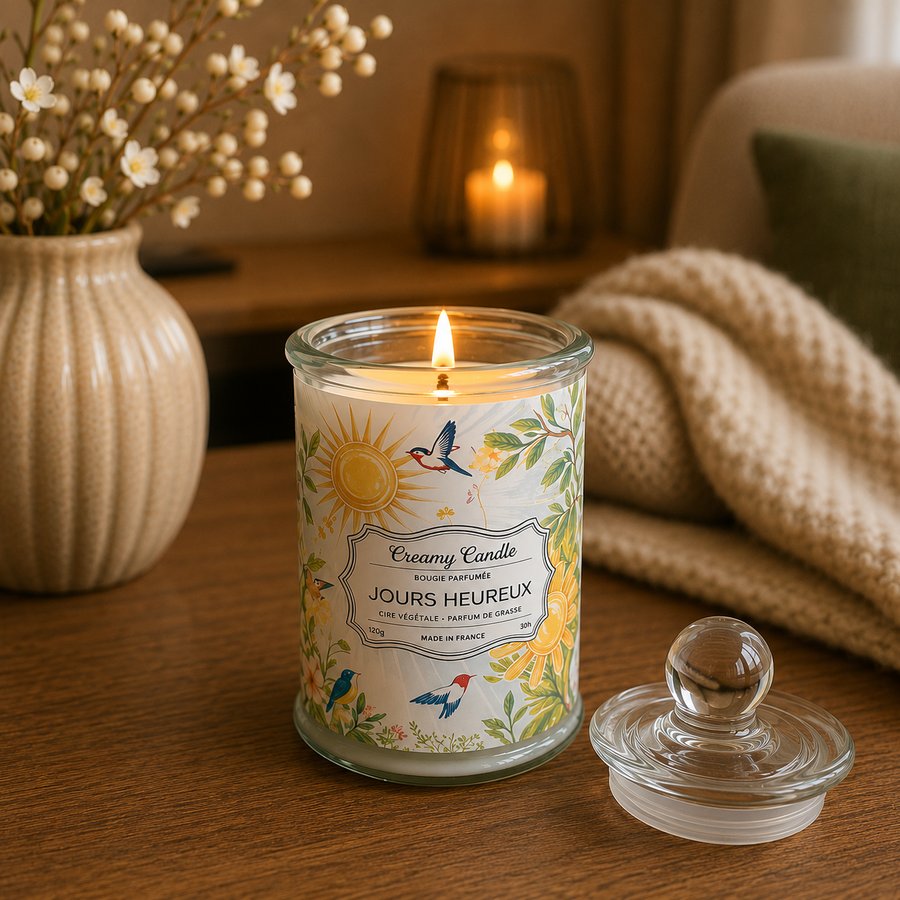 Bougie parfumée artisanale Jours Heureux - Cire de soja - Parfum de Grasse