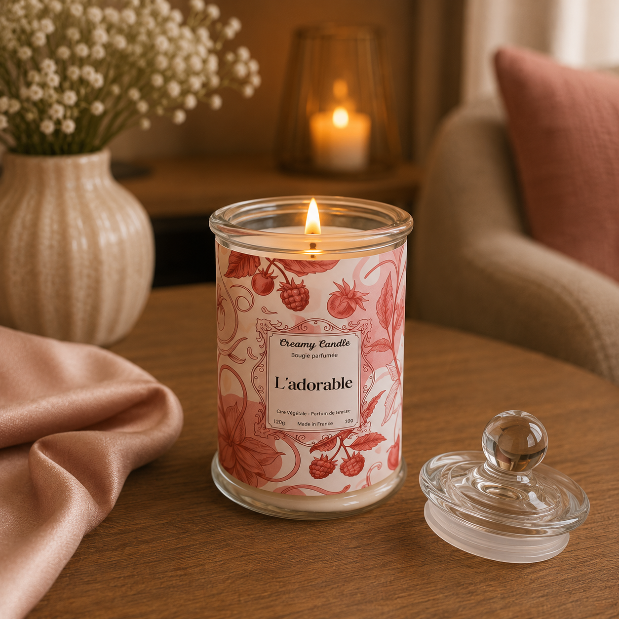 Bougie parfumée L'Adorable allumée dans une décoration raffinée et chaleureuse