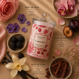 Bougie parfumée L'Adorable avec ses notes olfactives de violette, rose, vanille, musc blanc et prune