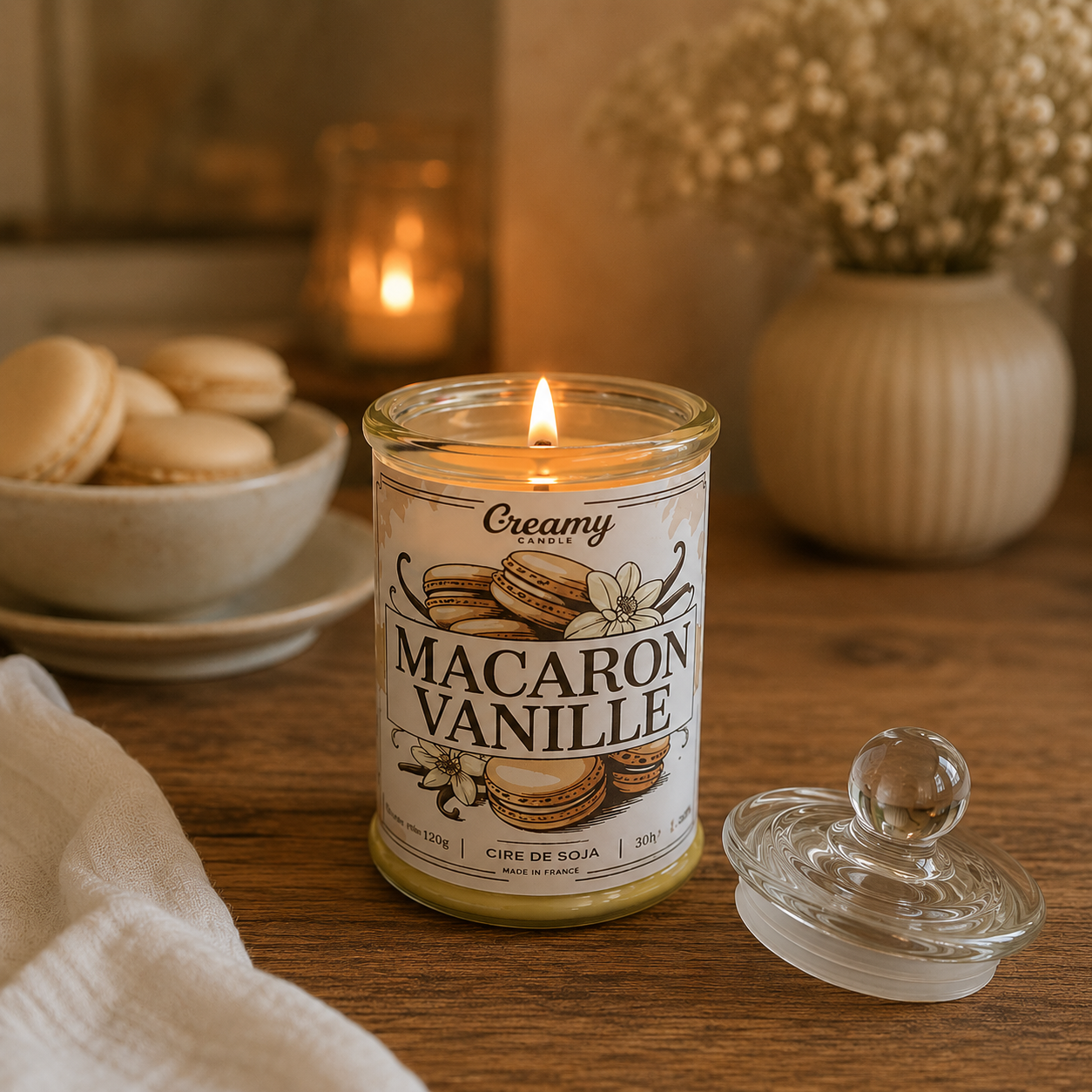 Bougie parfumée Macaron Vanille allumée dans une ambiance chaleureuse