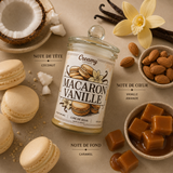 Bougie parfumée Macaron Vanille avec ses notes olfactives de noix de coco, vanille, amande et caramel