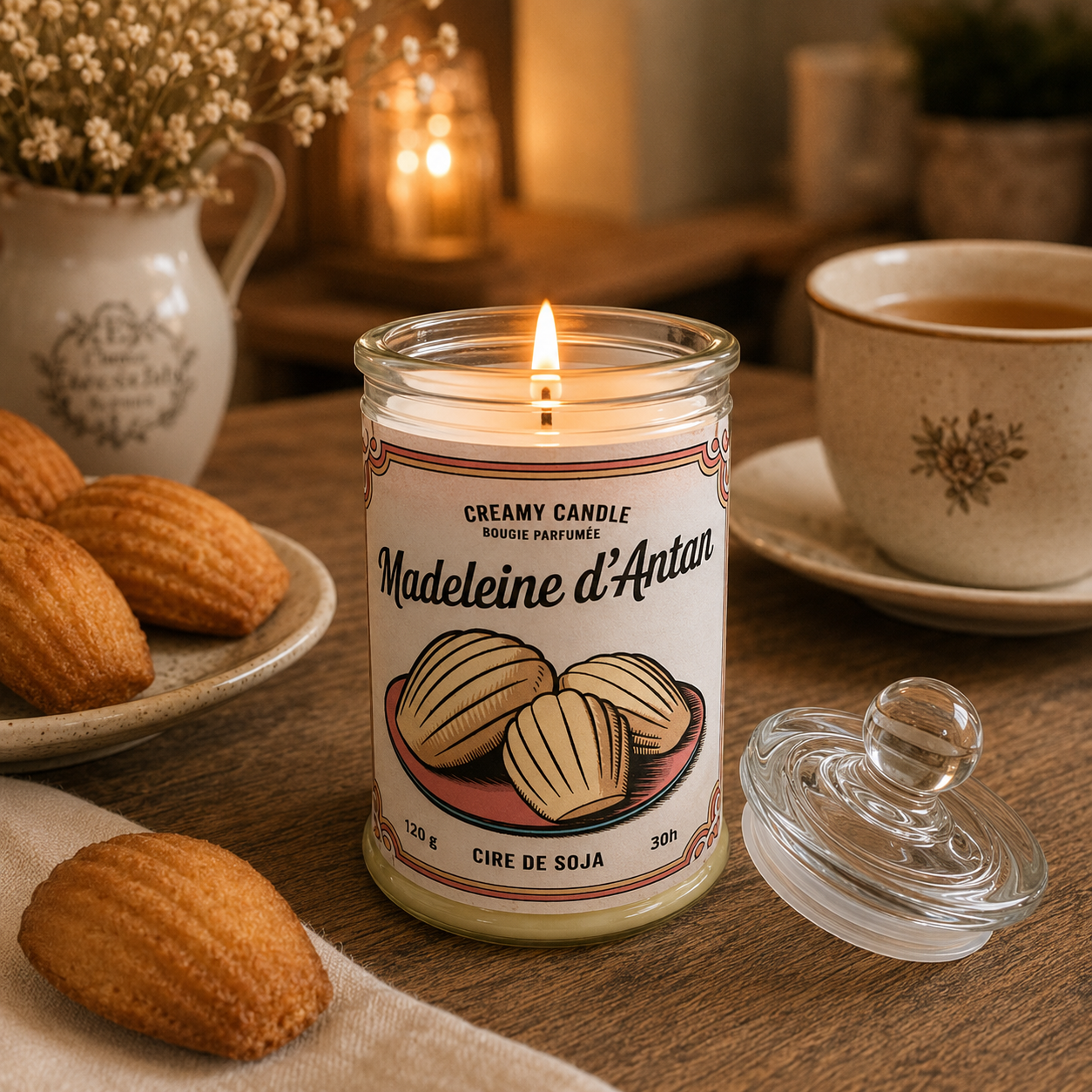 Bougie parfumée Madeleine d'Antan allumée dans une ambiance chaleureuse