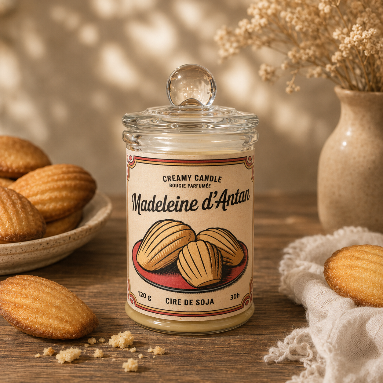 Bougie parfumée Madeleine d'Antan en cire de soja avec madeleines dorées