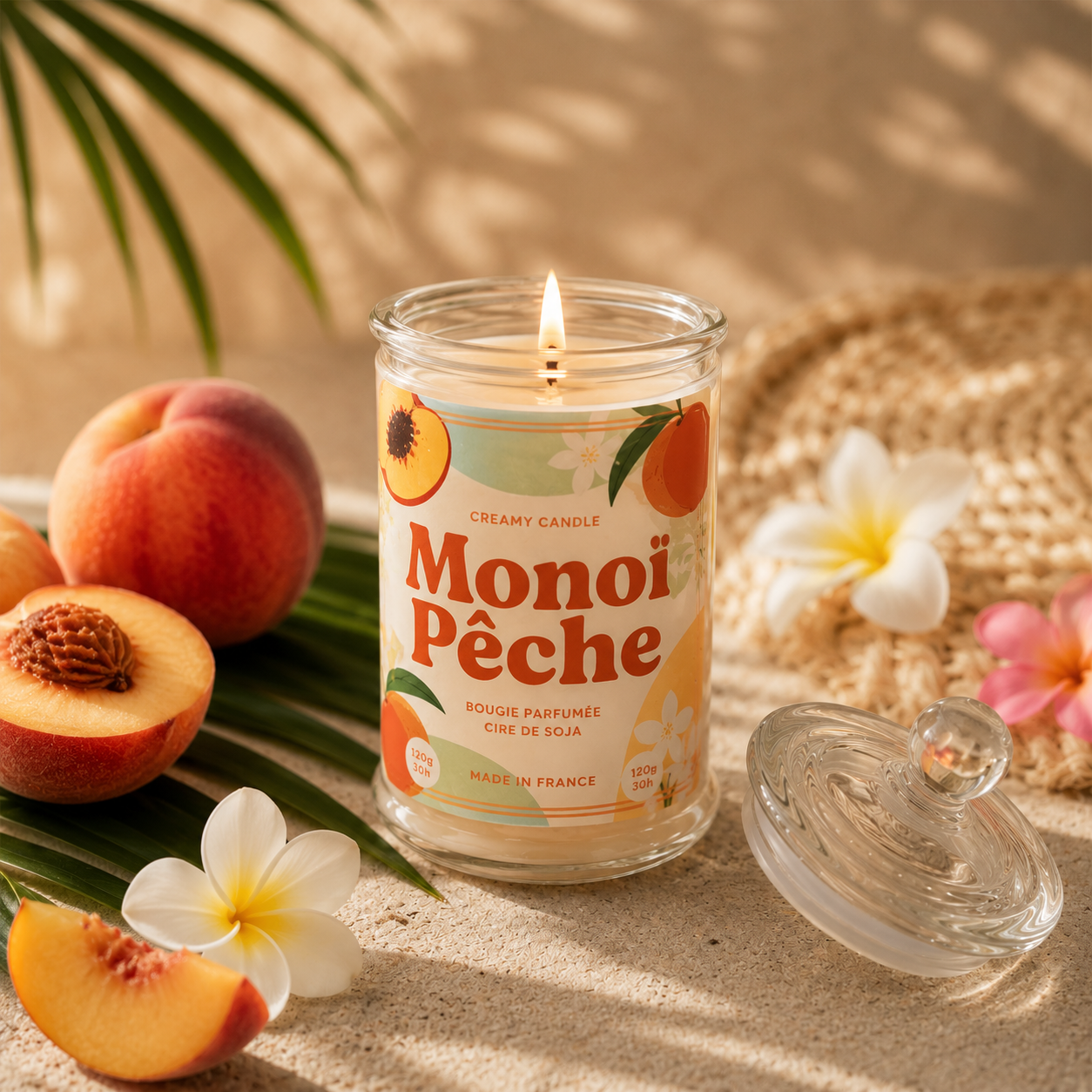 Bougie parfumée Monoï Pêche allumée dans un salon chaleureux