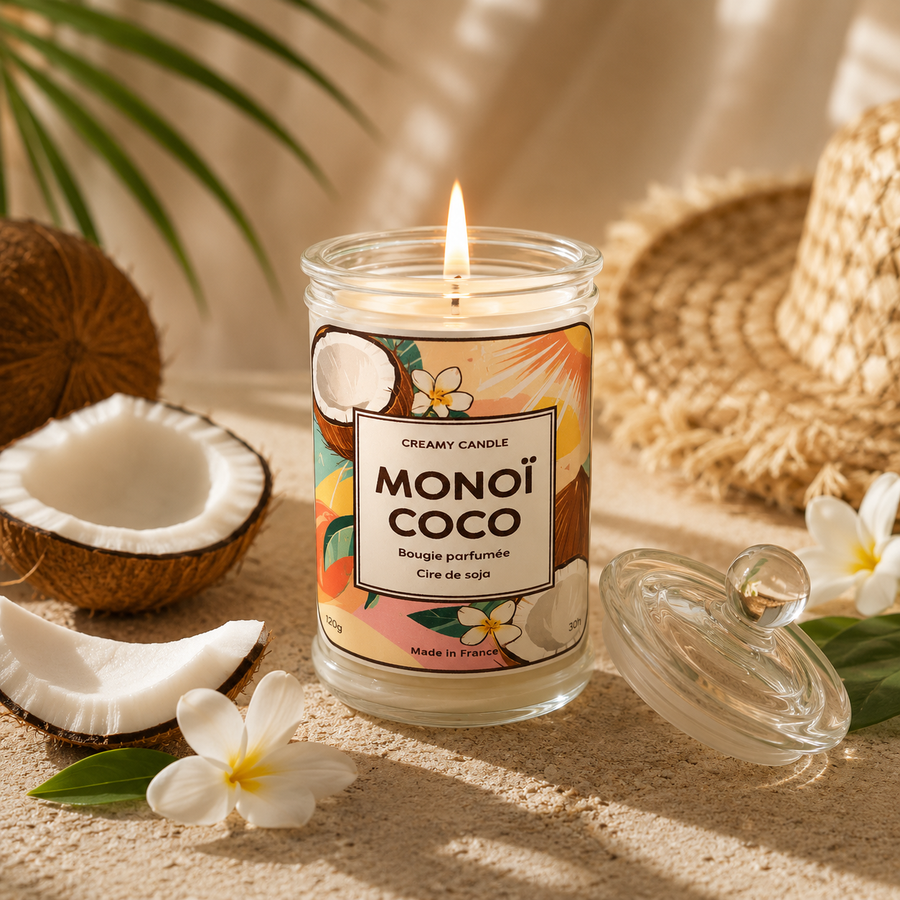 Bougie parfumée artisanale Monoï Coco - Cire de soja - Parfum de Grasse