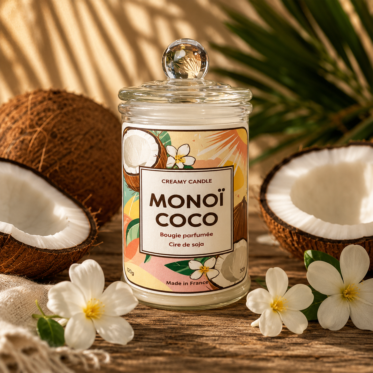 Bougie parfumée Monoï Coco en cire de soja avec noix de coco et fleurs tropicales