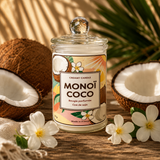 Bougie parfumée Monoï Coco en cire de soja avec noix de coco et fleurs tropicales