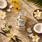Bougie parfumée Monoï Coco avec ses notes olfactives de noix de coco, monoï, fleur de tiaré, jasmin et vanille