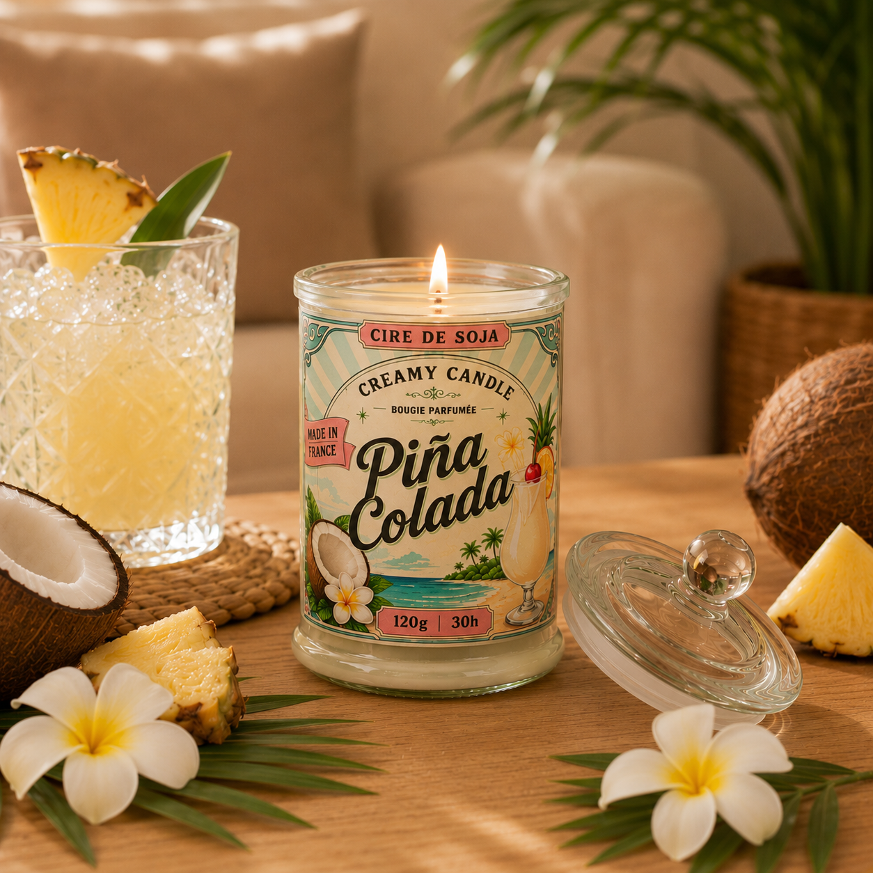 Bougie parfumée Piña Colada allumée dans un salon chaleureux