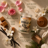Bougie parfumée Vanille des Îles avec ses notes olfactives de rose confite, vanille, caramel, jasmin, cèdre et musc blanc